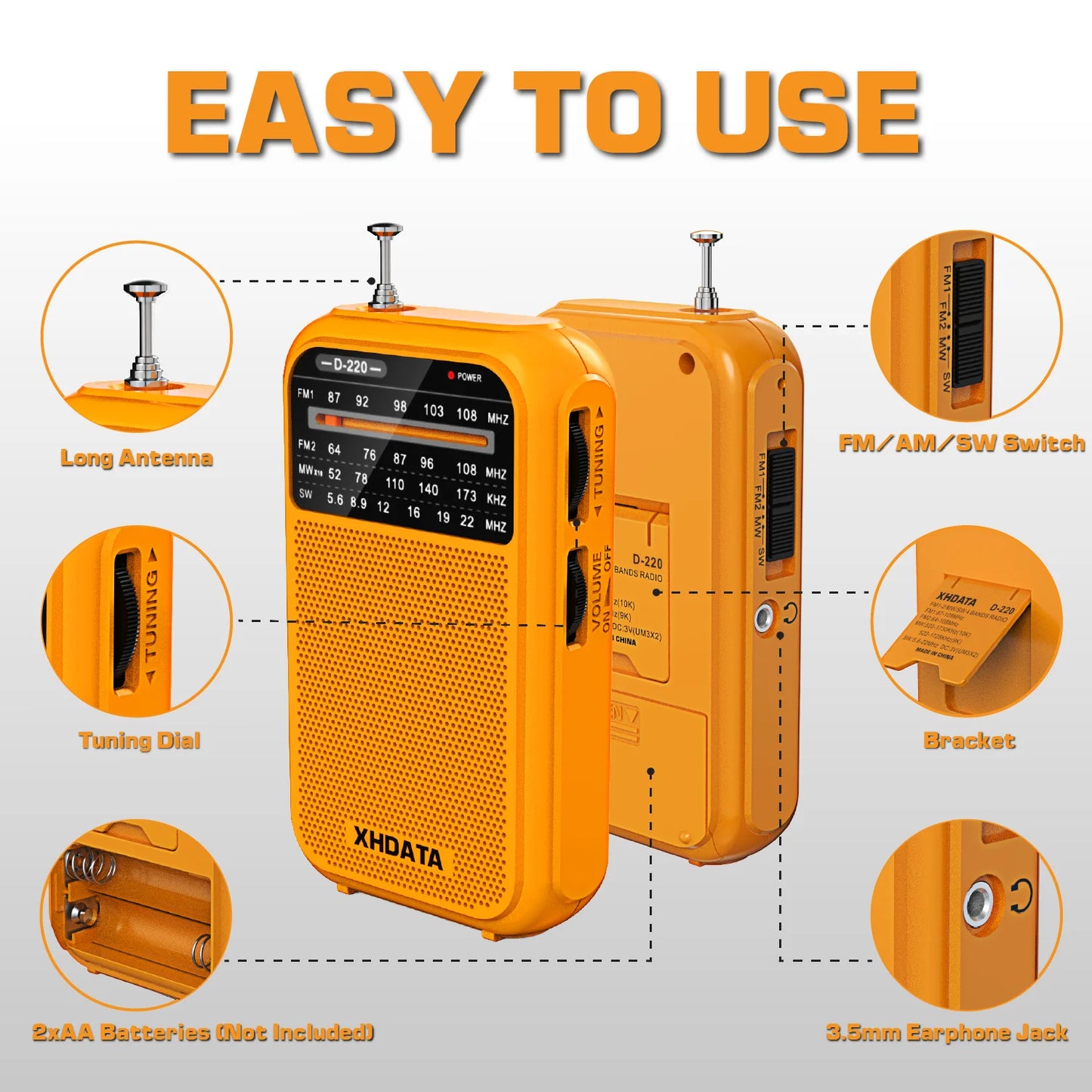 XHDATA D220 Vintage Retro Portable Pocket Radio FM 1-2 MW 9K 10K SW 4 Bands High Sensitivity DSP Digital Radio