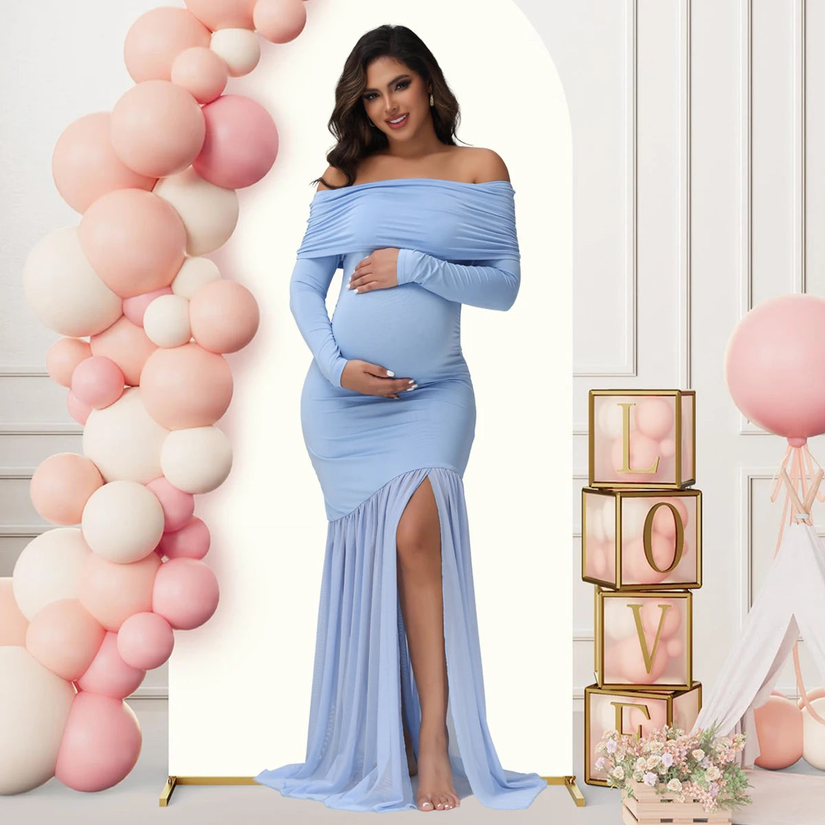 CN Guangdong Maternity Photoshoot Off Shoulder Evening Gown