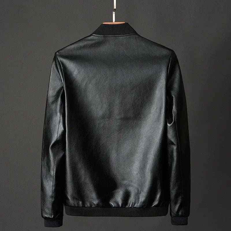 2024 Autumn New Men Black Biker PU Leather Coat Korean Fashion Casual Fit Slim Jacket 8XL