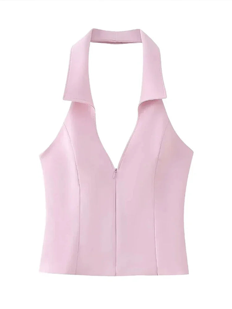 Fashion Pink Shorts Set for Women Sexy V Neck Sleeveless Tops Slim Hip Package Skirt 2024 Spring Summer New Ladies Suit