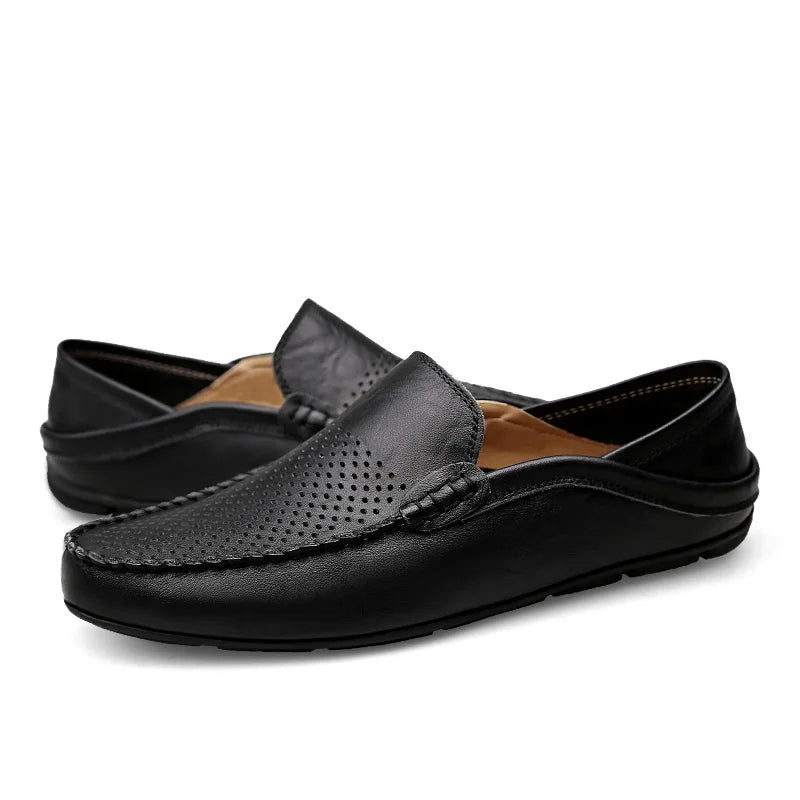 Summer Men Casual Shoes Leather Moccasins Breathable Slip On Boat Shoes Italian Luxury Brand Mens Driving Loafers Size 37 to 47