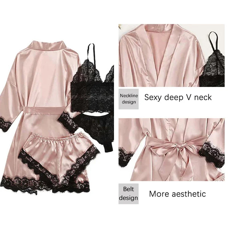 4 Pieces Women's Sleepwear Pajamas Set with Robe Sexy Lace Lingerie Bathrobe Silk Satin Home Nightwear Robe