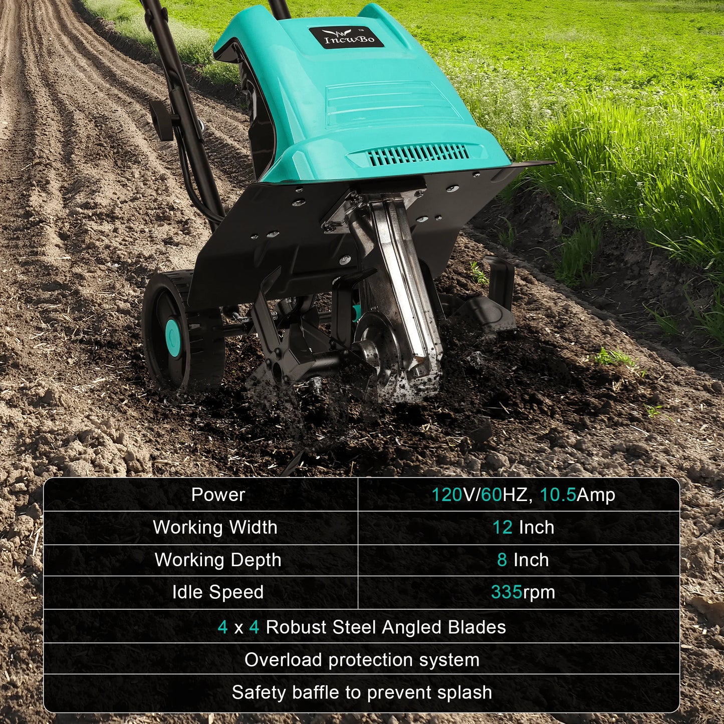 IncwBo Electric Rototiller Garden Tiller 12 Inch Tilling Width 8-Inch Electric Tiller 10.5 Amp Tiller Cultivator for Garden Yard
