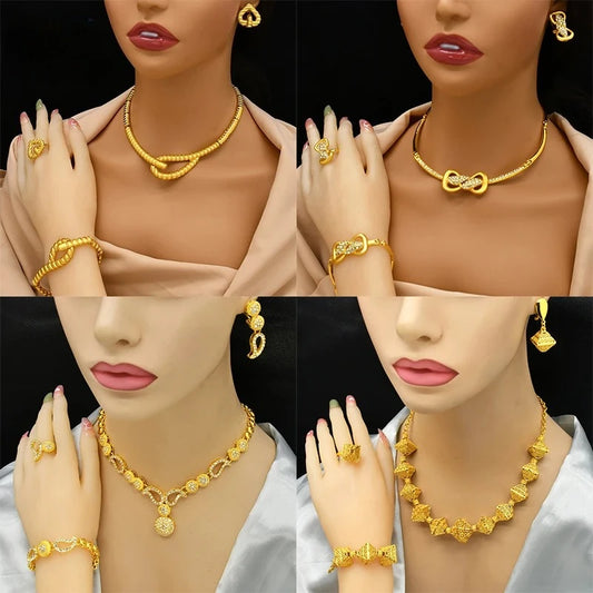 Dubai Luxury Nigerian Wedding Golden Jewelry Sets For Lady Bridal Necklace Sets Indian Party Jewellery Engagement Gifts