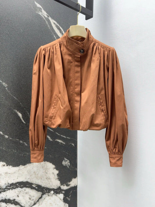 2-color modern fashion lantern sleeve pleated short slim jacket