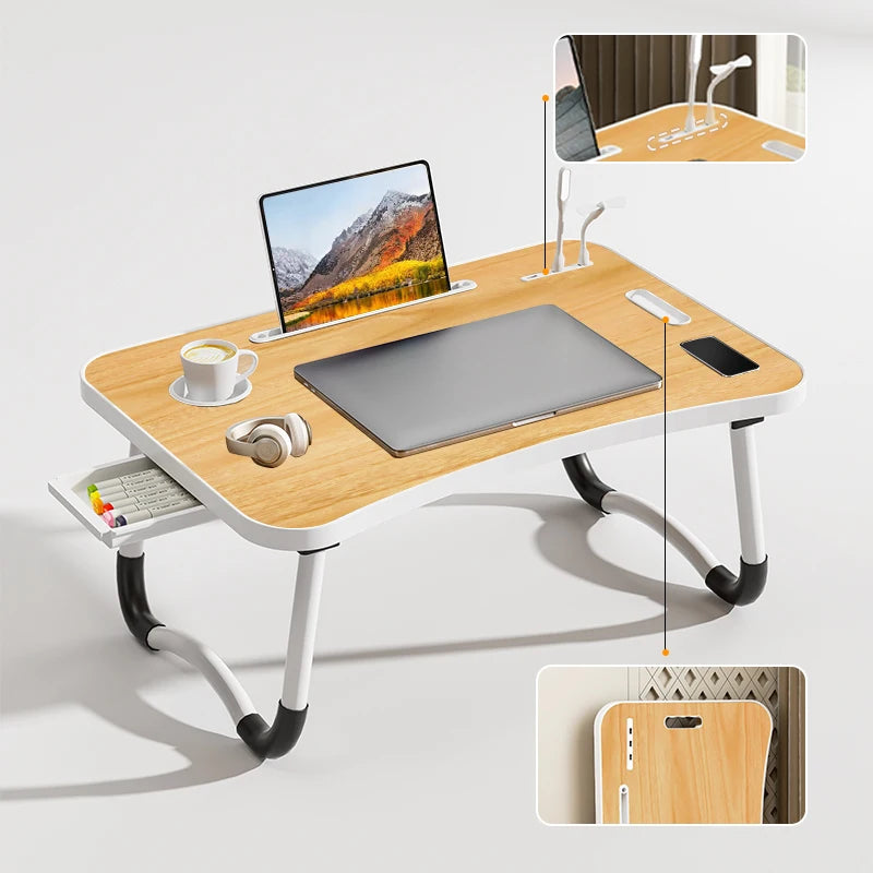 Portable Laptop Desk with USB Light Small Fan Cup Holder Tablet Slot and Lifting Handle Foldable Laptop Table for Working