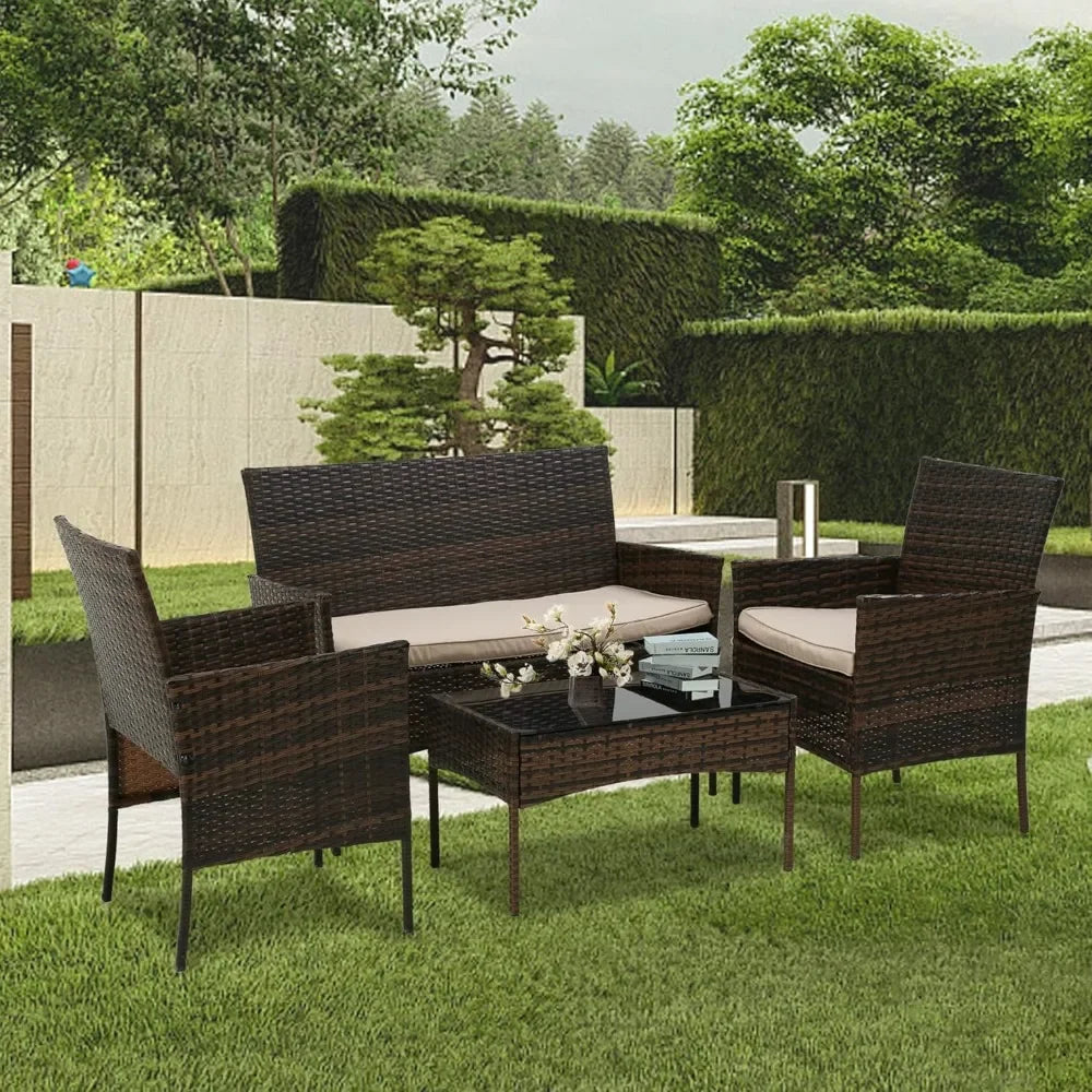 4 Pieces Patio Furniture Set Rattan Wicker Sofa Garden Conversation Set with Soft Cushions and Glass Table
