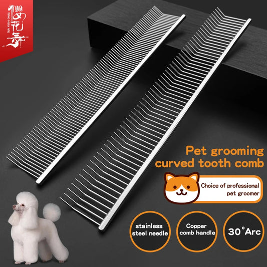 Pet Grooming Comb with Curved Hook Deep Hair Picking and Fluffy Texture Stainless Steel Dog Trainer Beauty Comb