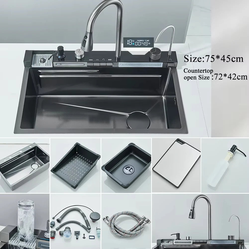 304 Stainless Steel Large Single Slot Waterfall Kitchen Sink with Integrated Digital Display Faucet Set and Soap Dispenser