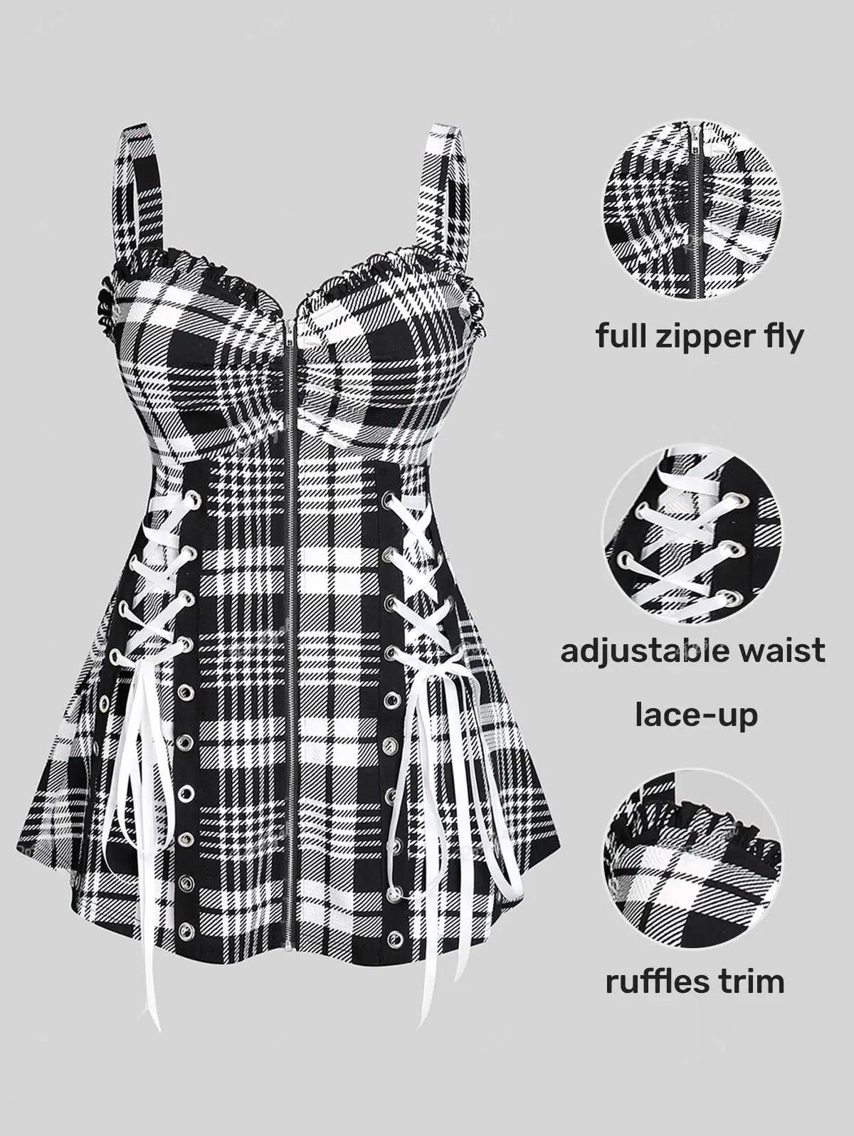 Rosegal Plus Size Plaid Tank Top Sweetheart Neck Front Full Zipper Ruffle Vest Women Summer Streetwear Lace Up Tops 5XL