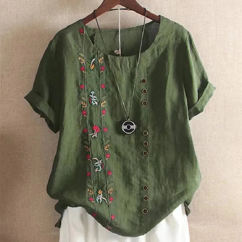 Retro Cotton Linen Short Sleeve Embroidered Flower Women's T Shirt Crew Neck Plus Size Shirt from Mainland China