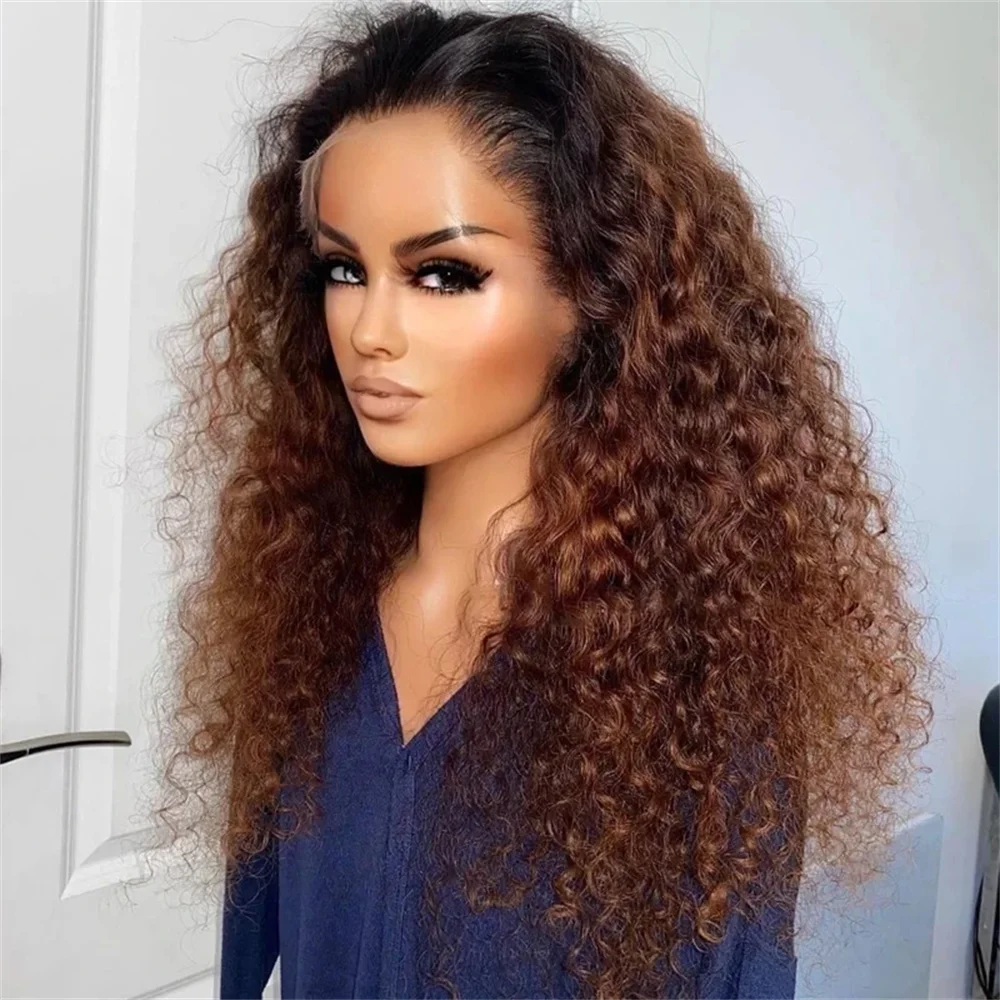 Soft Ombre Brown 180 Density 26 Inch Kinky Curly Preplucked Long Hair Wig For Women With Natural Hairline And Afro Baby Hair