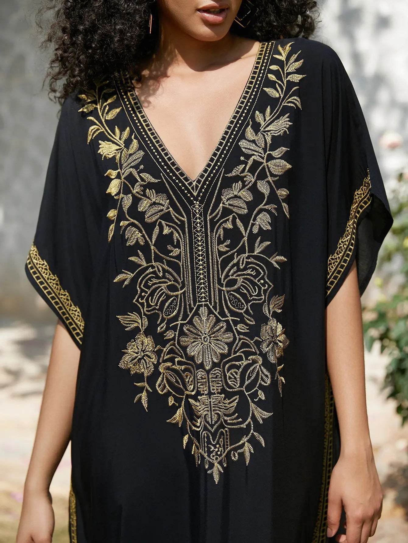 Gold Embroidery Beach Dress with Side Split Design and Oversized Fit