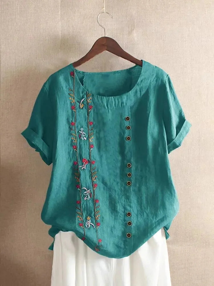 Retro Cotton Linen Short Sleeve Embroidered Flower Women's T Shirt Crew Neck Plus Size Shirt from Mainland China