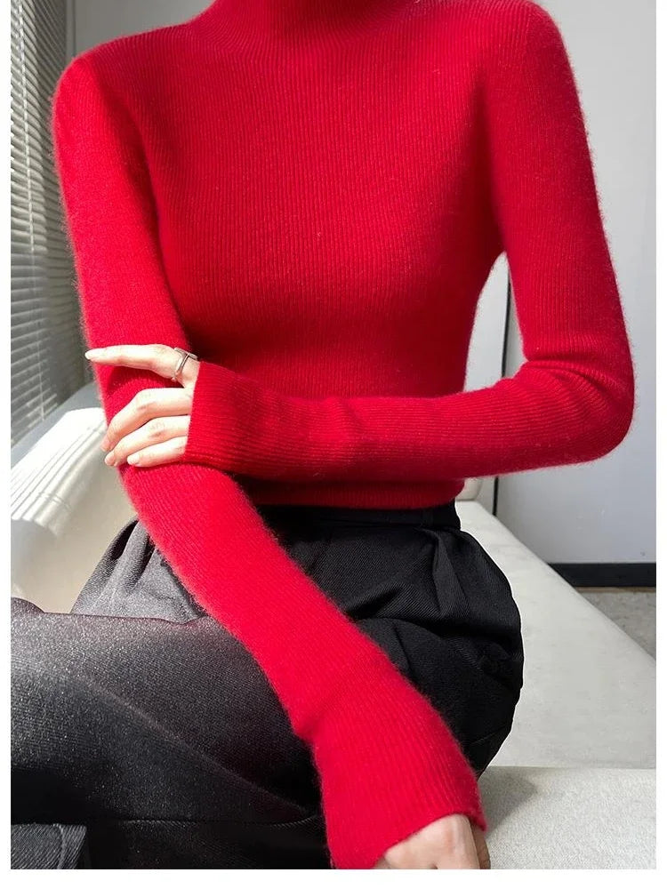 Autumn Winter Women Sweater Slim Fit High Strecth Pullovers  Long Sleeve Inner Wear Mock Neck Knitted Tops Korean Fashion Jumper
