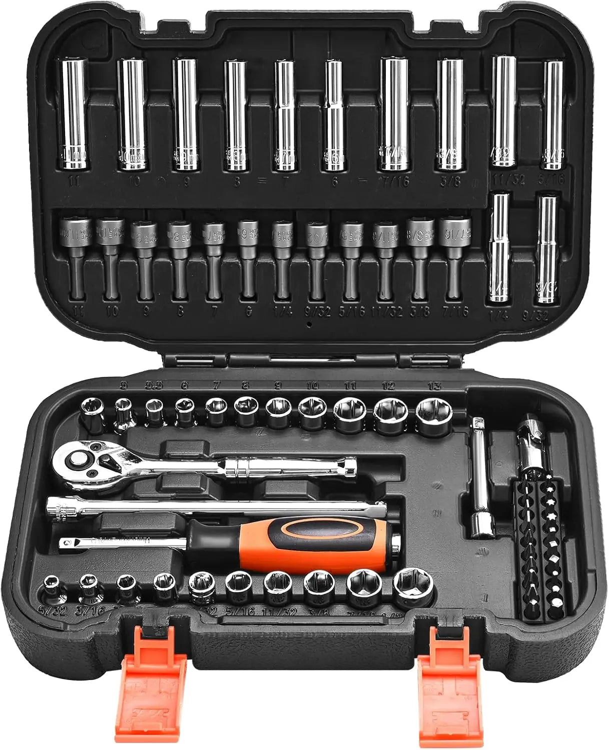 Multiple-Piece Mechanic Tool Set: 1/4', 3/8', 1/2' Drive Sockets, SAE/Metric, Bits, Wrenches, Storage Case