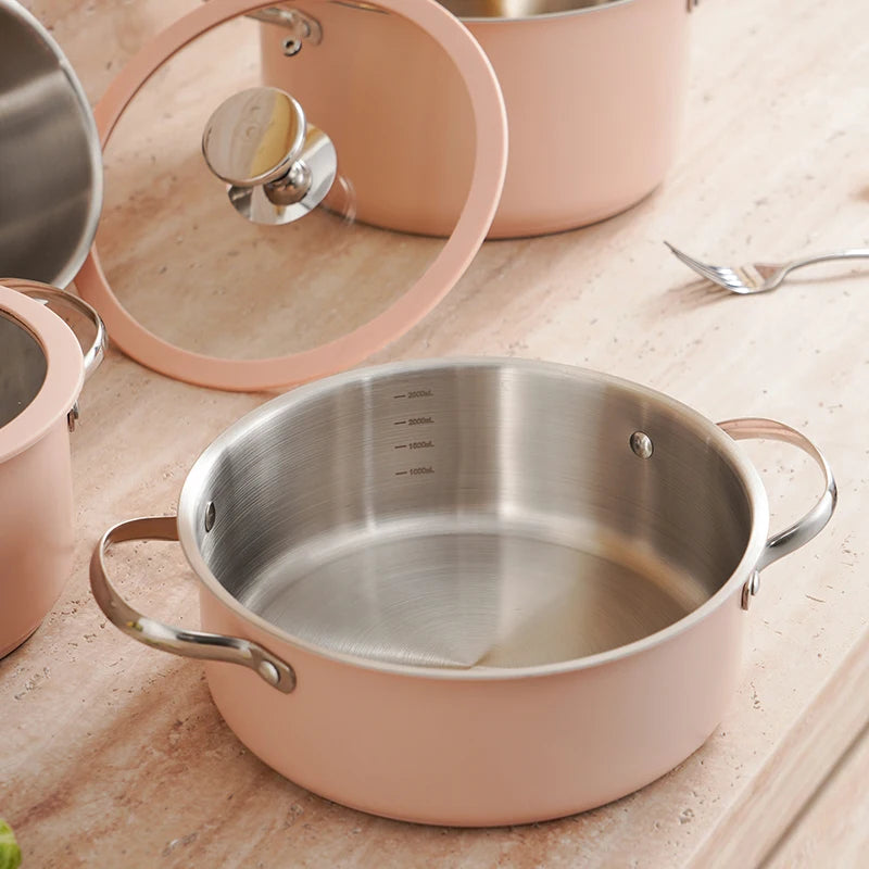 Stainless Steel 9pcs Pot Set, Including 1 Milk Pot, 2 Stockpots, 1 Non-Stick Pan, 4 LIDS And 1 Steamer Pink Shipping From USA