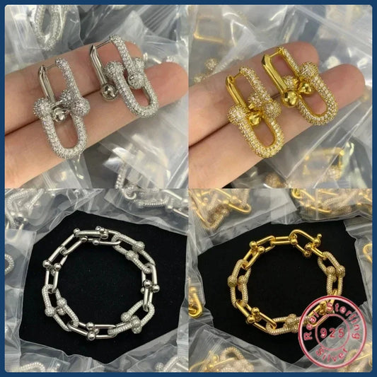 New Arrival S925 Sterling Silver Classic Letter T Bracelet and Necklace Set Retro Horseshoe Design High End Women's Jewelry