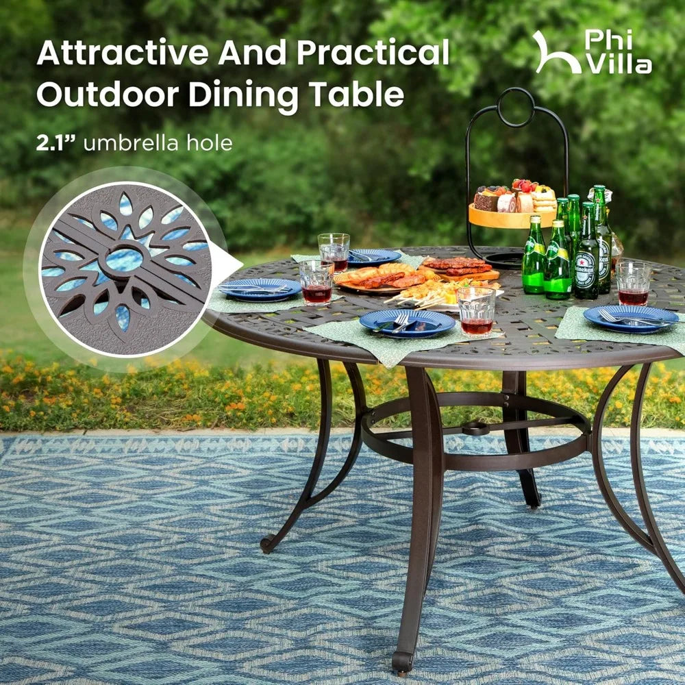 Cast Aluminum Patio Dining Set for 6 People 7 Piece Outdoor Furniture with 54 Inch Round Table and Umbrella Hole