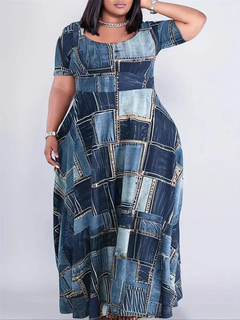 Plus Size Summer Maxi Dress for Women 1XL to 5XL Casual Denim Plaid Dress with Round Neck and Short Sleeves Flared Hem