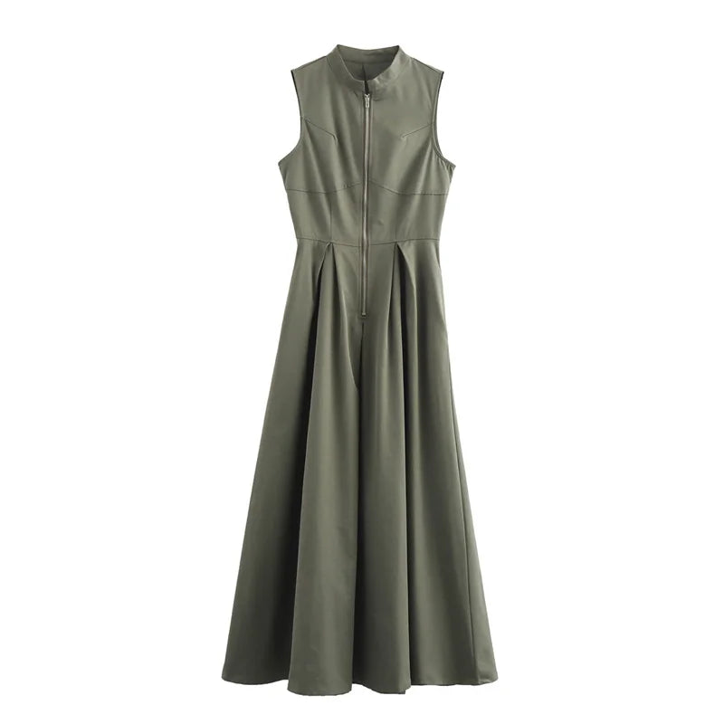 TRAF Zipper Long Dress Women Pleated Sleeveless Bodycon Dress Summer Elegant Party Midi Dresses 2024