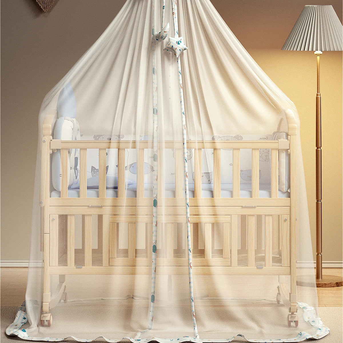 Wood Baby Crib with Diaper Table Newborn Baby Bed Multifunctional Baby Rocking Bed with Wheels and Mosquito Net
