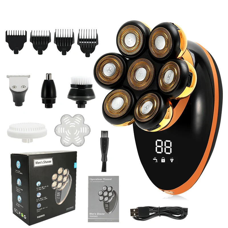 Men 7D Floating Electric Shaver Wet Dry Beard Hair Trimmer Rechargeable Bald Head Razor with LCD Display