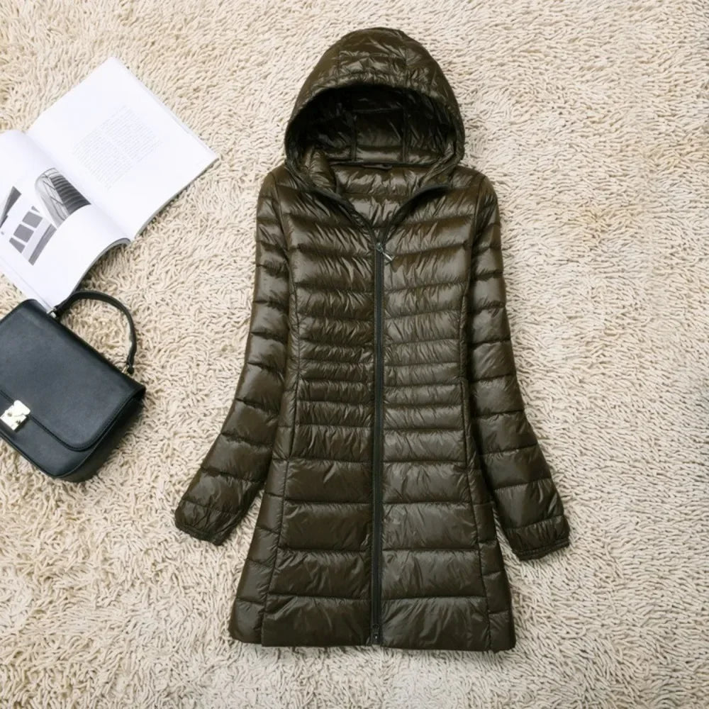 Plus Size White Duck Down Jacket Lightweight Down Coat for Women Hooded Long Winter Wear