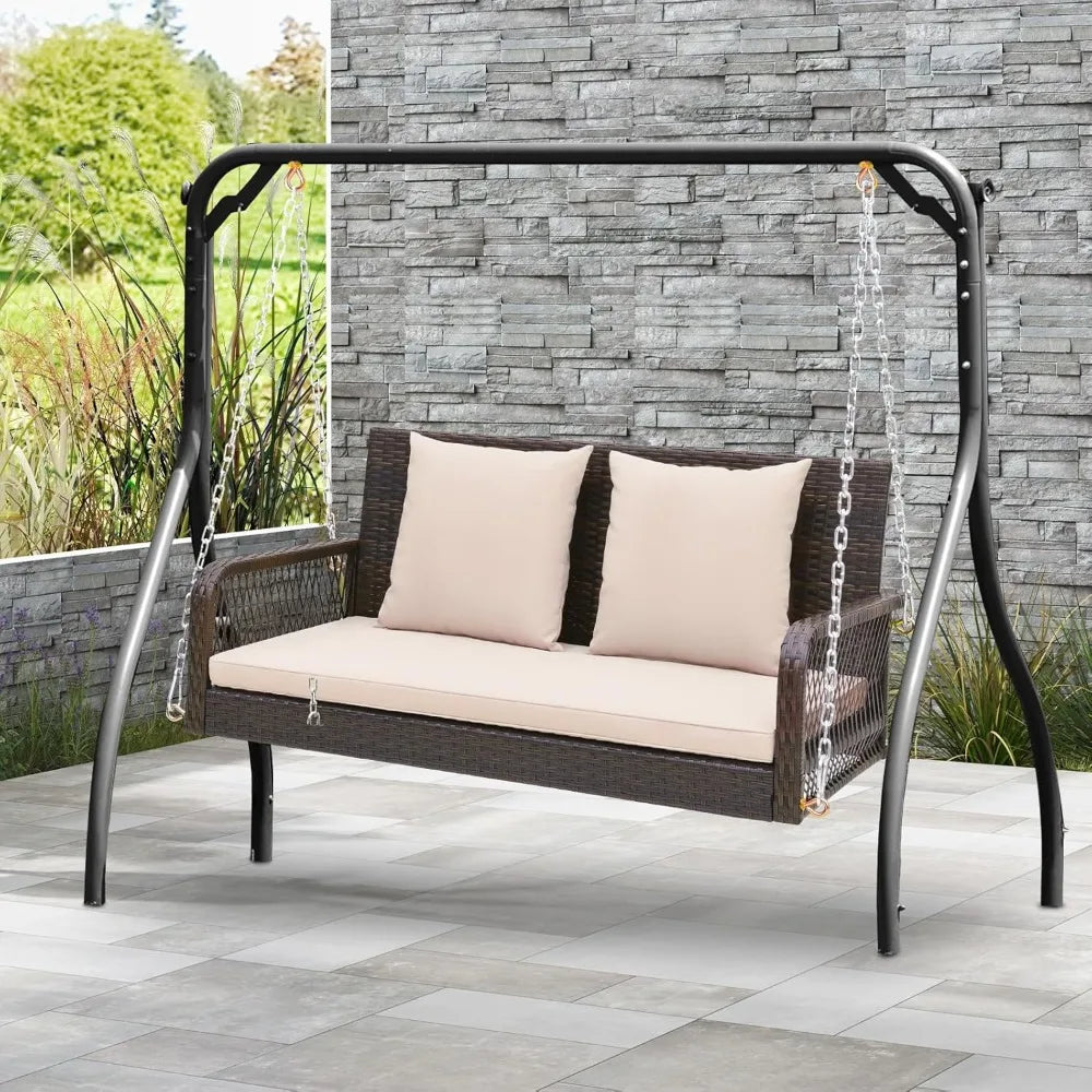 Wicker Outdoor Porch Swing 800 LBS Capacity 2-Seater Swing Bench with Hanging Chains and Cushions