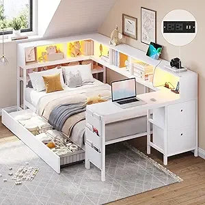 Color Corner Bed Frame With Desk Charging Station Lights