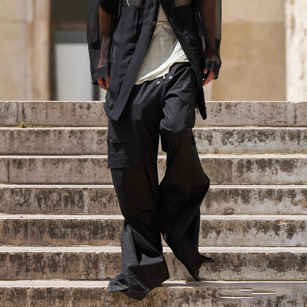 Ro Style Wide Leg Drawstring Black Cargo Pants Unisex Casual Streetwear