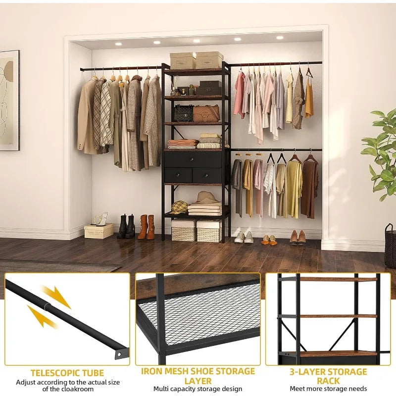 Adjustable Closet System with Drawers Three Hanging Rods and Five Shelves Heavy Duty Storage Organizer for Home Bedroom and Closet