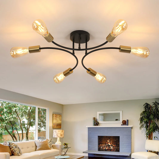 Sputnik Ceiling Light Fixture 6 Light Black Gold Chandelier