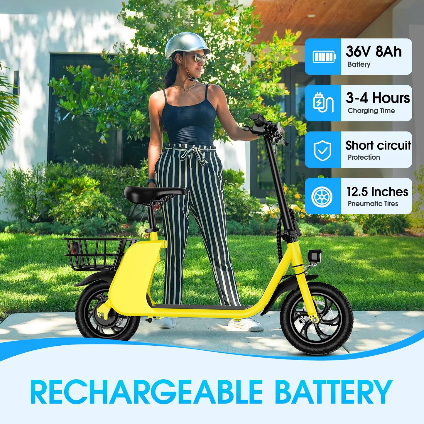 450W Adult Electric Scooter with Seat and Shopping Basket 15.5mph Ideal for Urban Commuting
