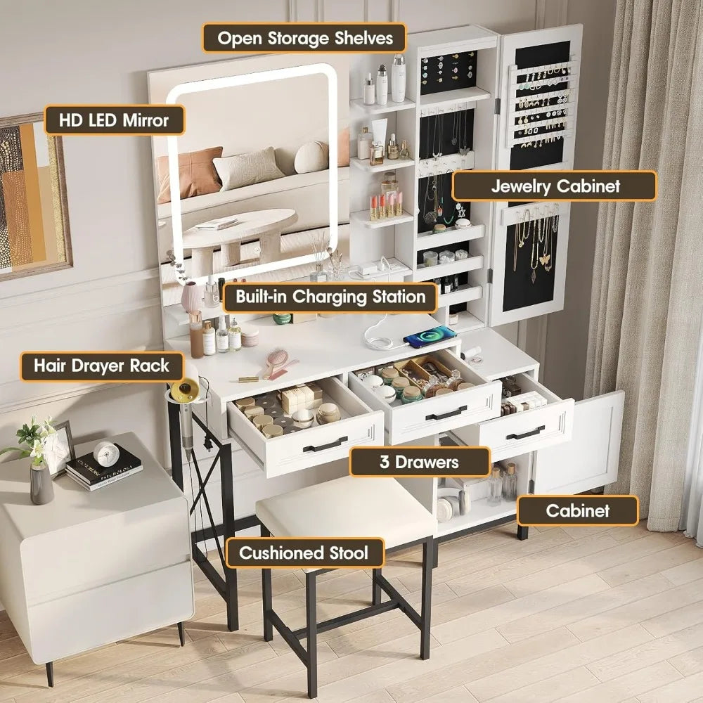 Vanity Desk with HD LED Mirror White Makeup Table with Large Jewelry Cabinet and Ample Storage Shelves 3 Drawers and Cabinets