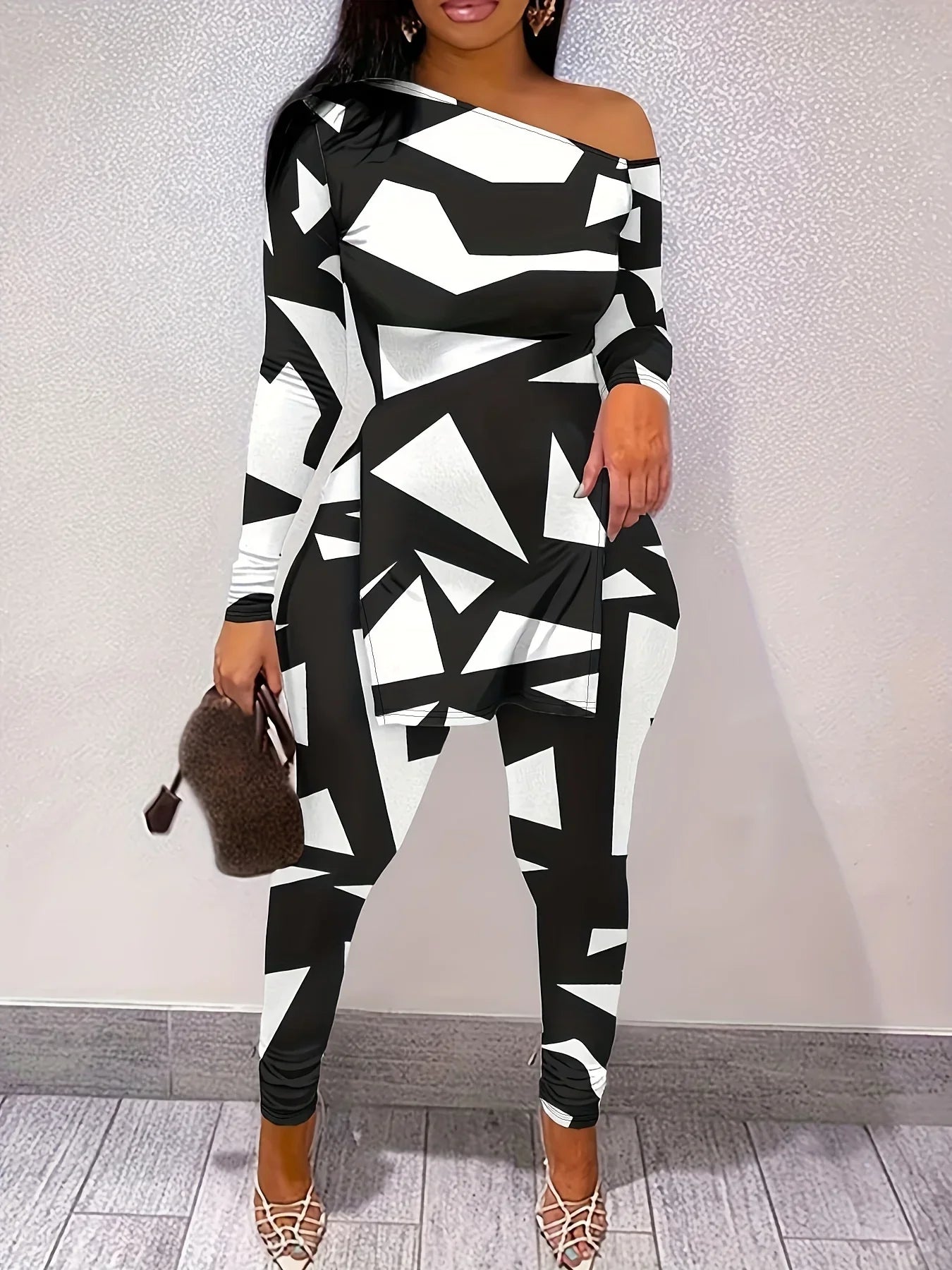 Samson Shopping 25 Geometric Print Slit Hem Long Sleeve Set