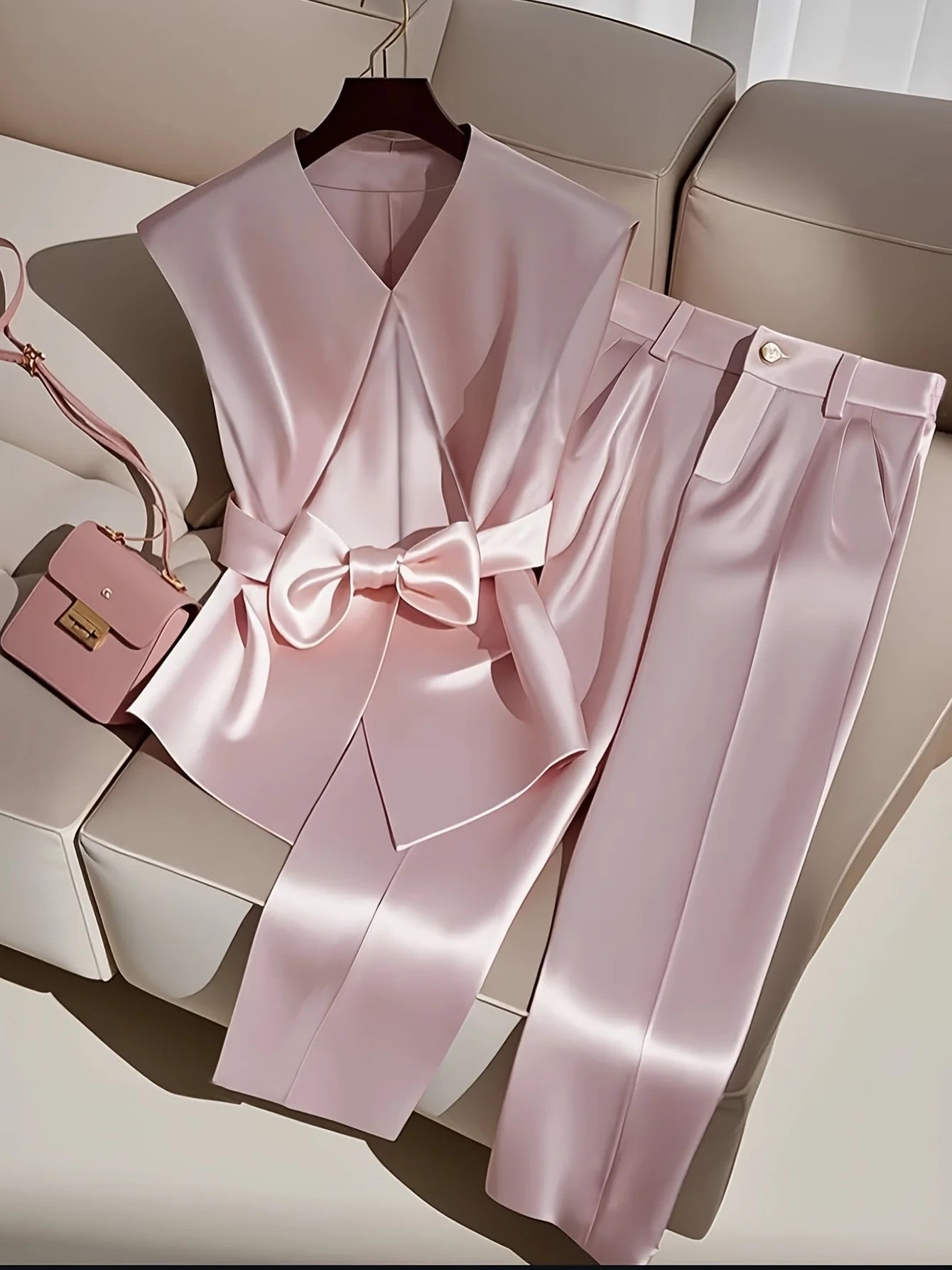 ZHUANIE Two Piece Solid Color Sleeveless Top And Trousers