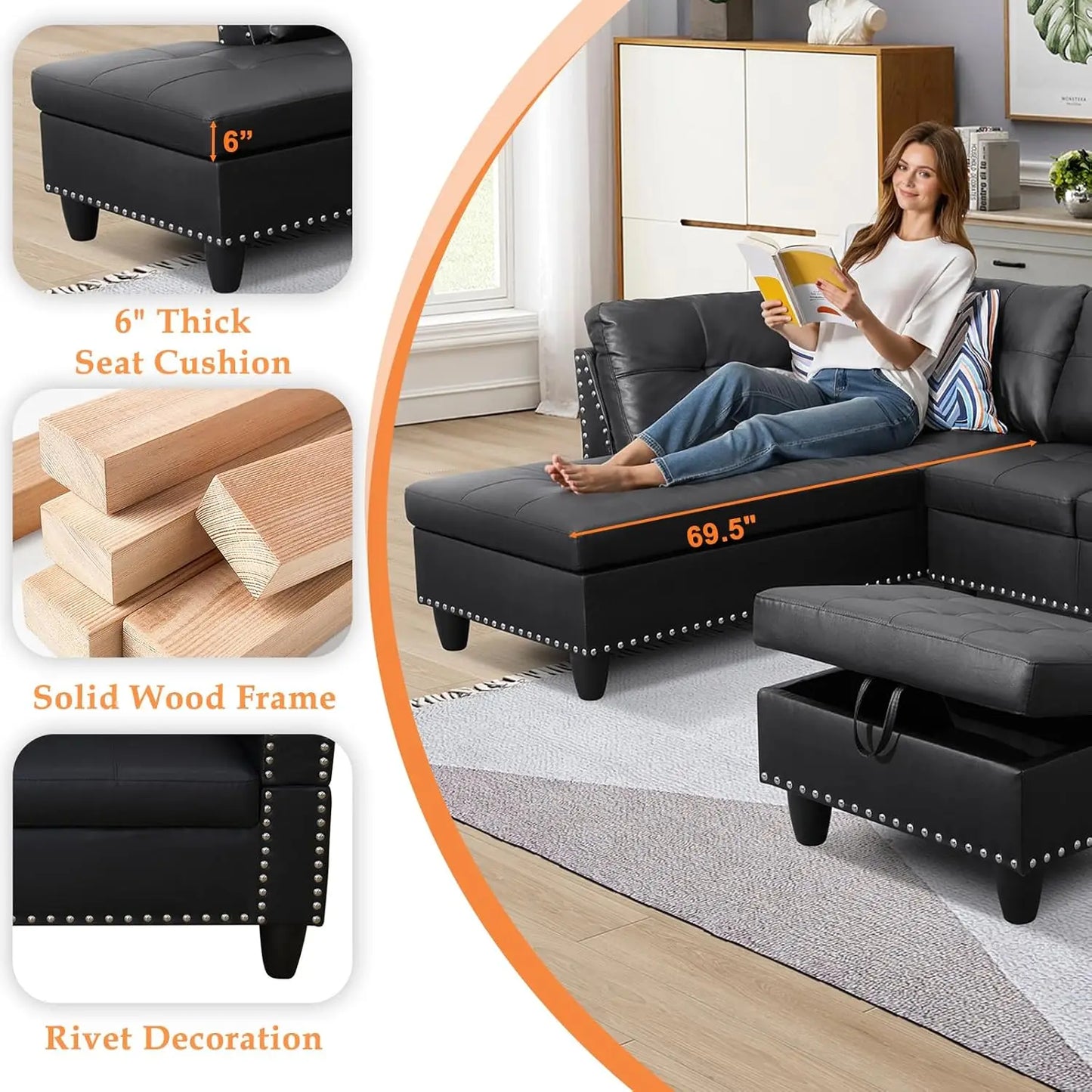 XMSJ Sectional Sofa Couch Modern Premium L Shaped Cozy