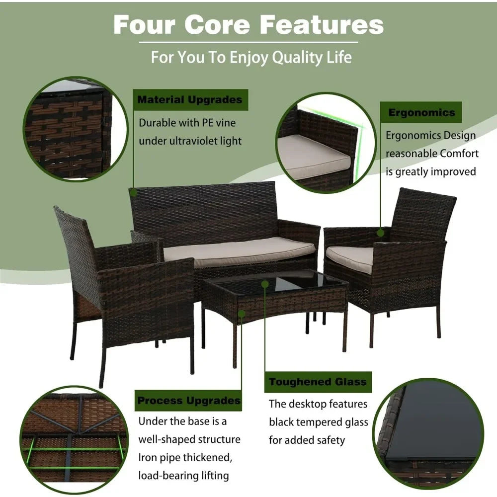 4 Pieces Patio Furniture Set Rattan Wicker Sofa Garden Conversation Set with Soft Cushions and Glass Table
