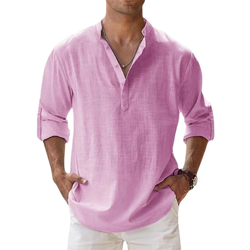 New Cotton Linen Casual Shirts for Men Lightweight Long Sleeve Henley Beach Hawaiian T Shirts