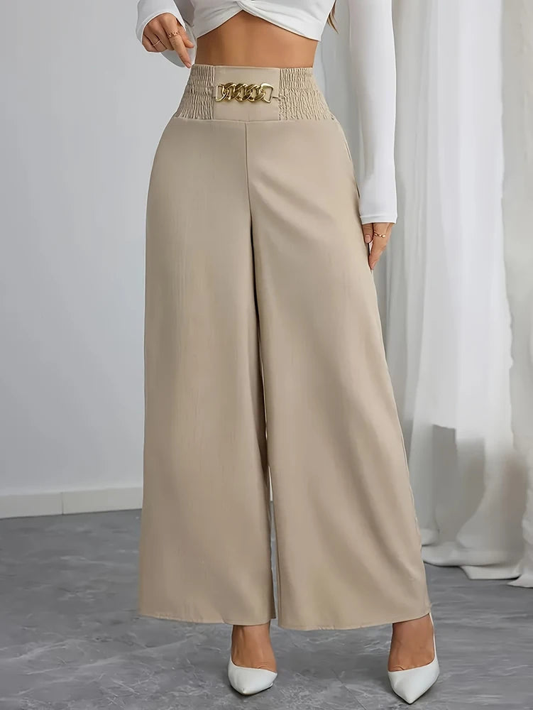 Plus Size Women's Casual Wide Leg Pants with Drawstring Waist and Pockets for Beach or Everyday Wear