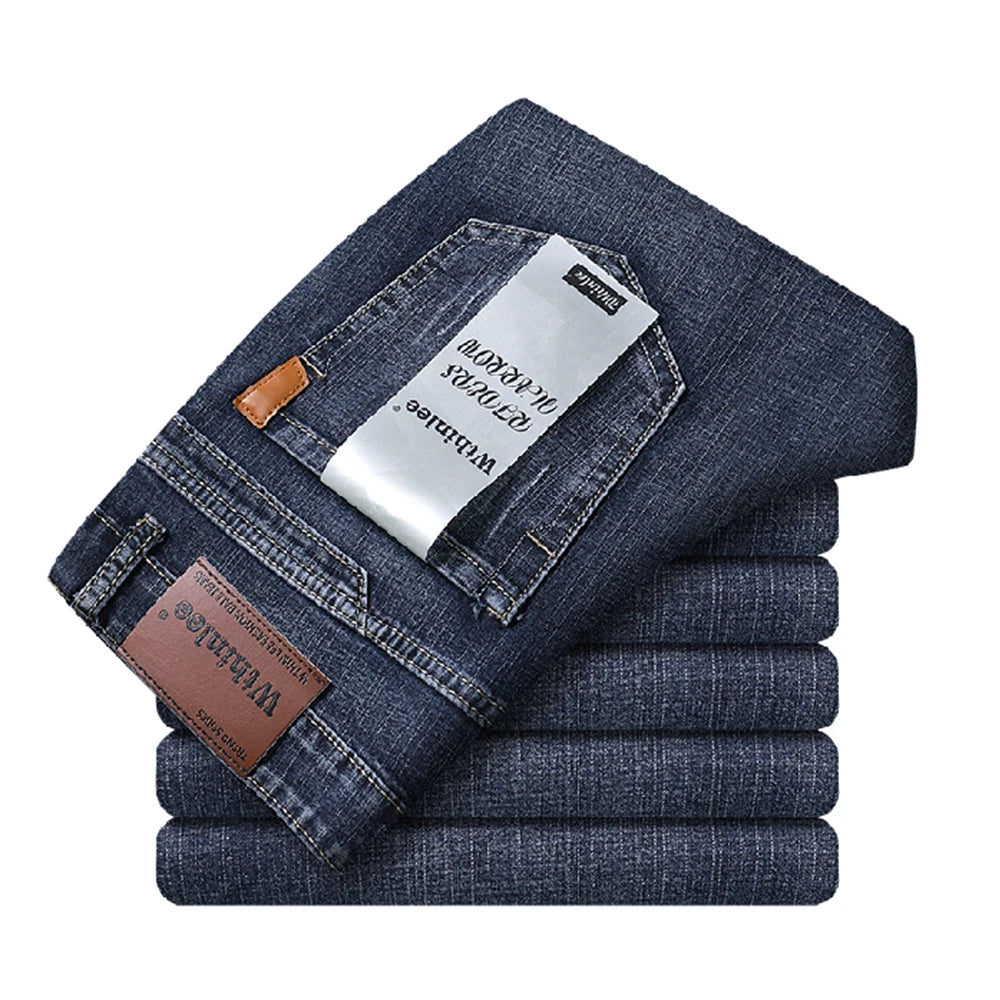 Wthinlee Spring Summer Business Jeans for Men Light Blue Casual Straight Stretch Fashion Classic Work Denim Trousers