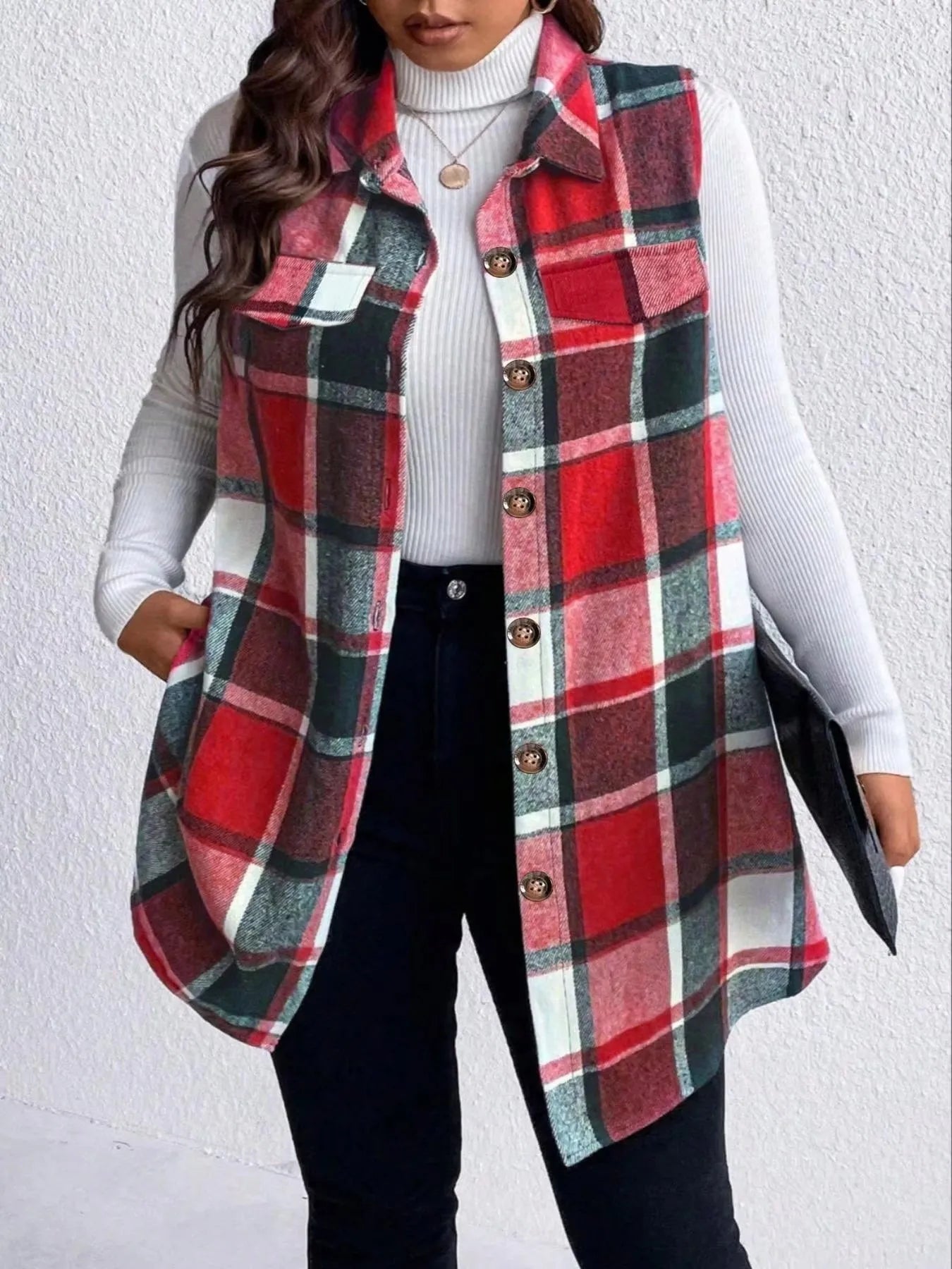 Women Plus Size 1XL to 5XL Plaid Print Sleeveless Coat Fashionable Thick Thermal Vest for Ladies