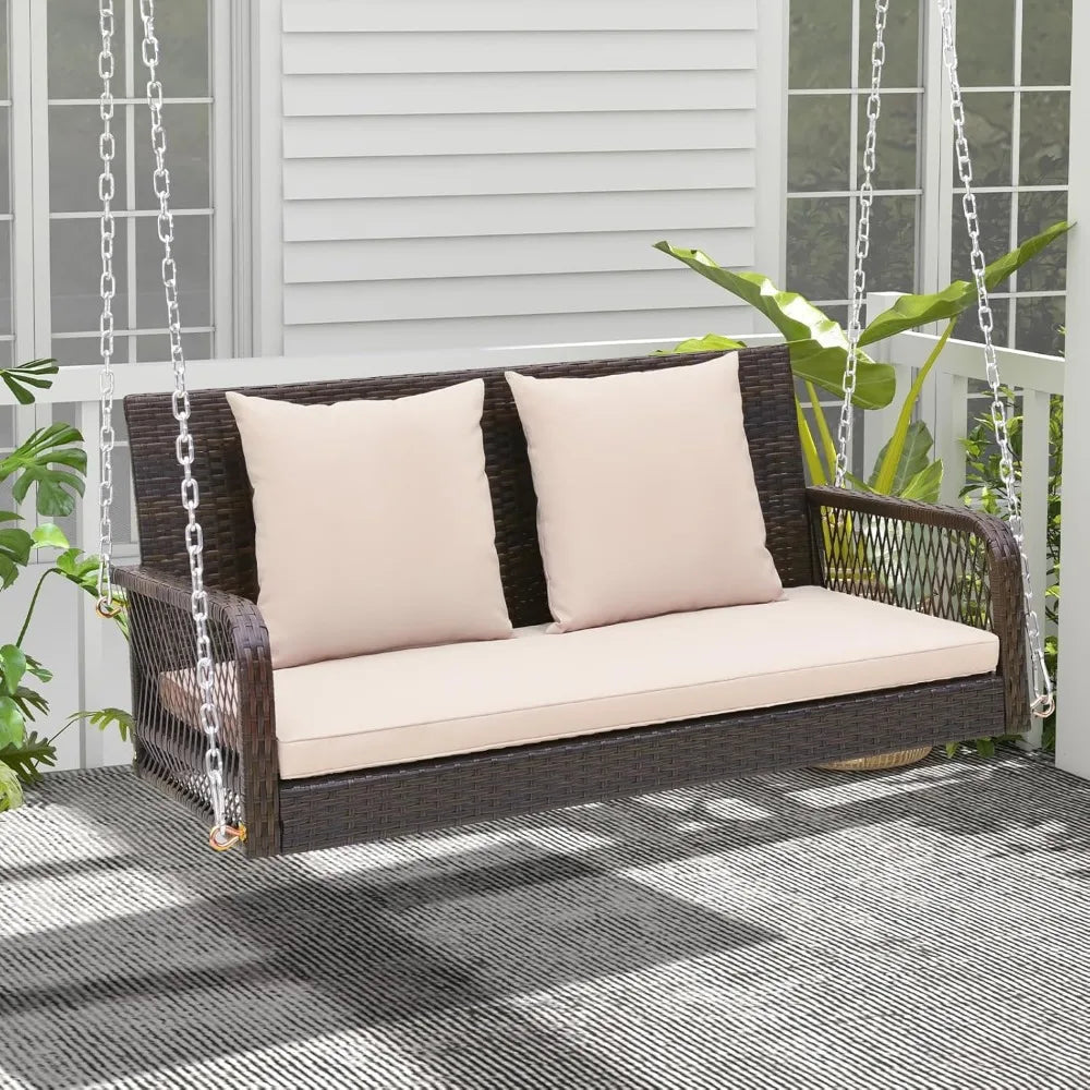 Wicker Outdoor Porch Swing 800 LBS Capacity 2-Seater Swing Bench with Hanging Chains and Cushions