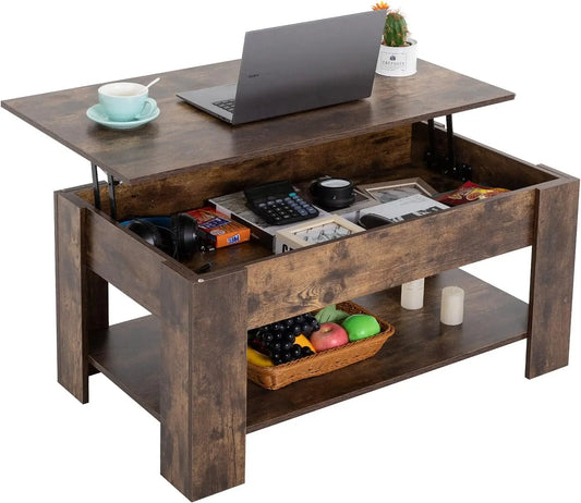 Lift Up Coffee Table With Hidden Compartments And Storage Shelves For Home Living Rooms