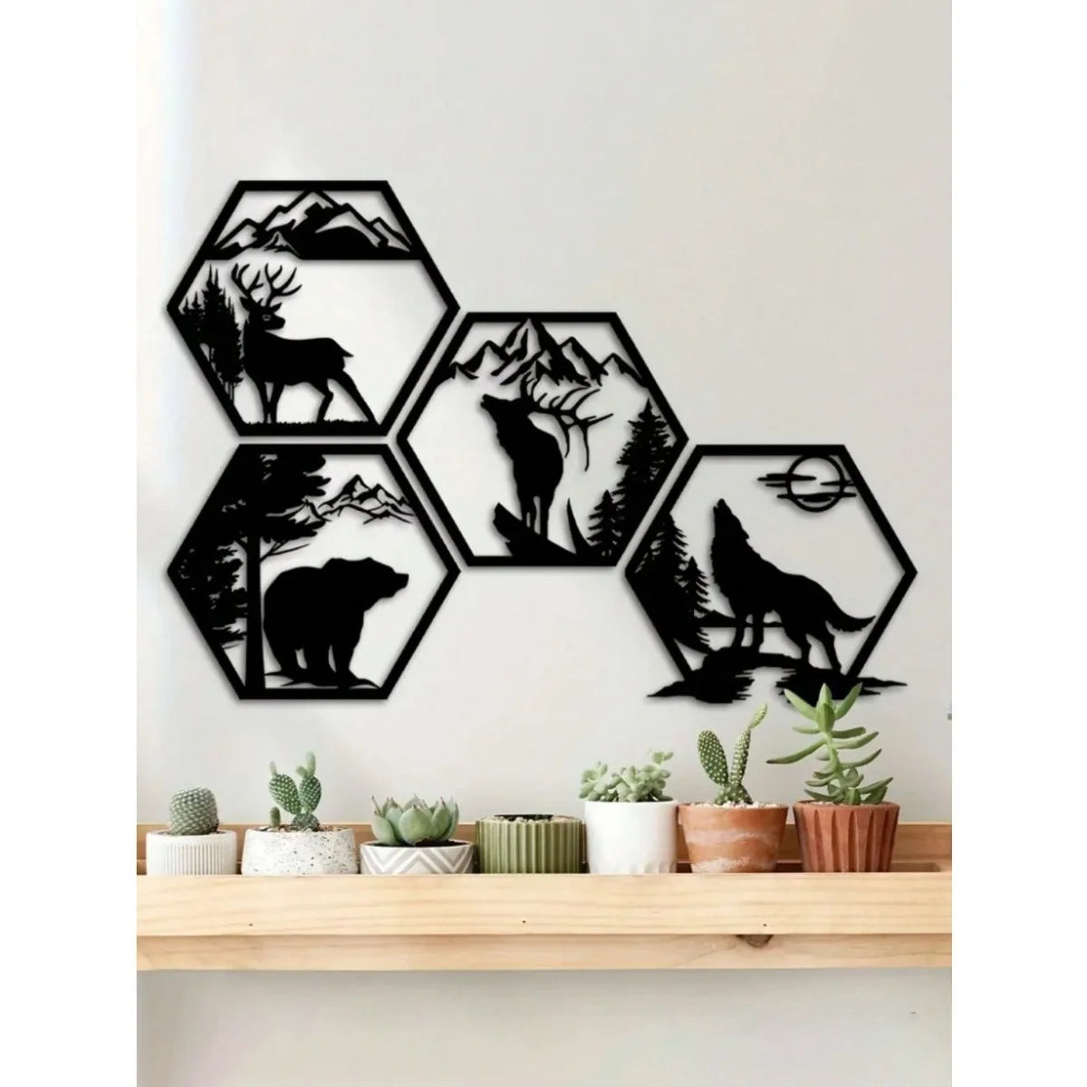 4PC Hexagon Animal (Deer/Wolf/Bear) Metal Wall Sculpture | Rustic Black Decor | Halloween & Christmas Gift