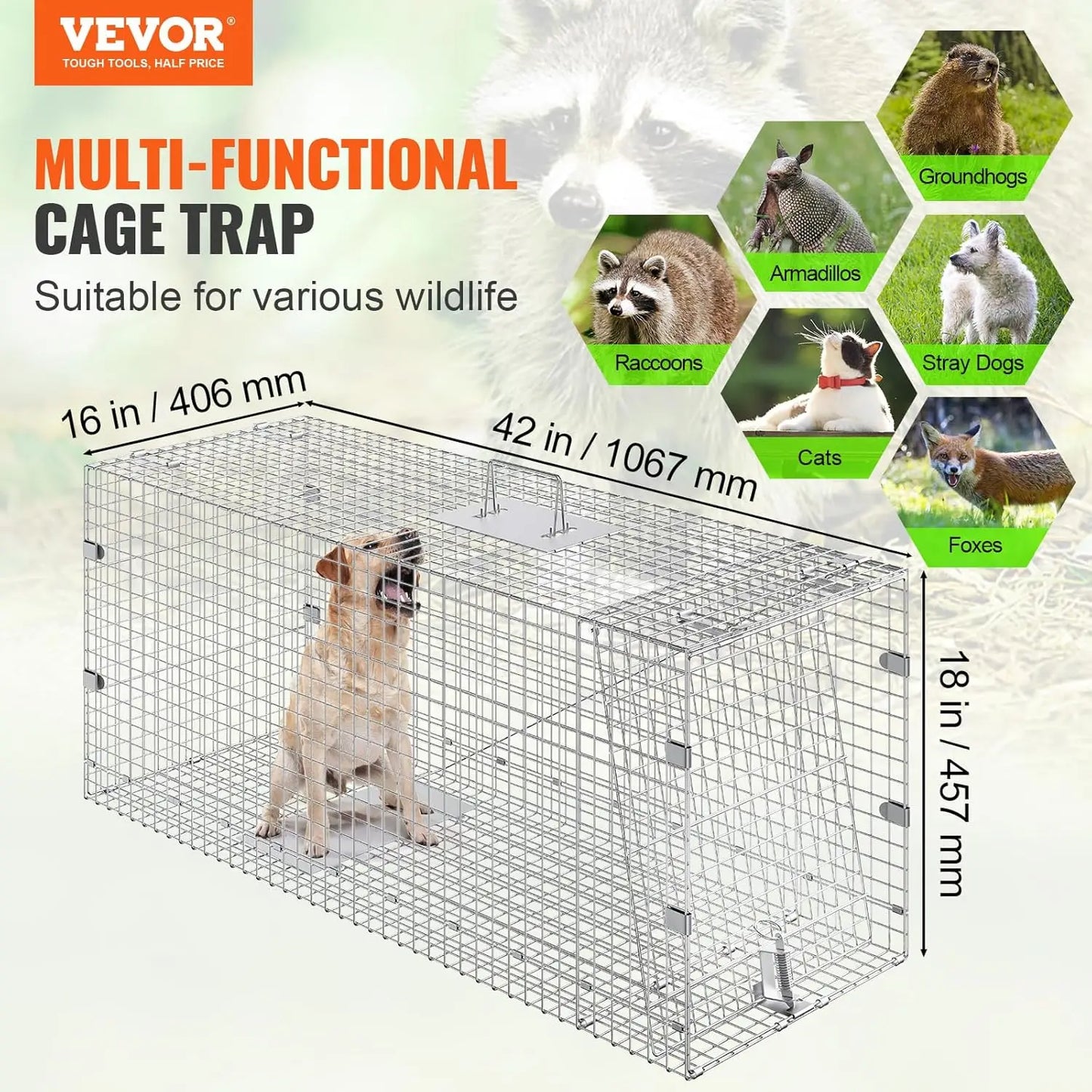 Live Animal Cage Trap 42 Inch x 16 Inch x 18 Inch Humane Cat Trap Galvanized Iron Folding Animal Trap Cage with Handle