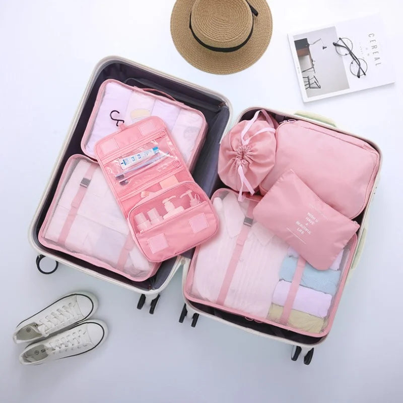 7 Piece Set Travel Bag Organizer for Clothes Luggage and Shoes with Packing Cubes