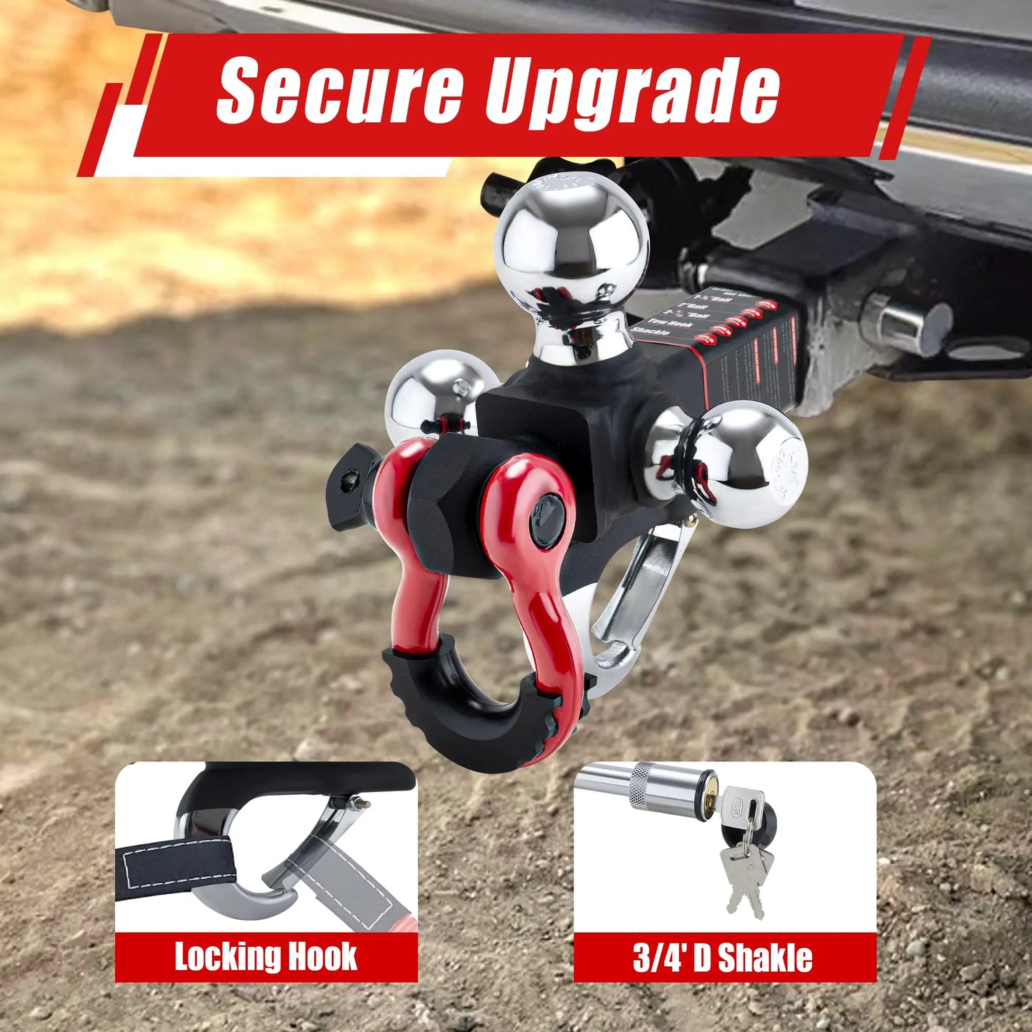 TYT Tri Ball Hitch Mount 2 Inch Receiver with 1 7/8 Inch 2 Inch 2 5/16 Inch Balls Tow Hook and Clevis Shackle with Locks Black