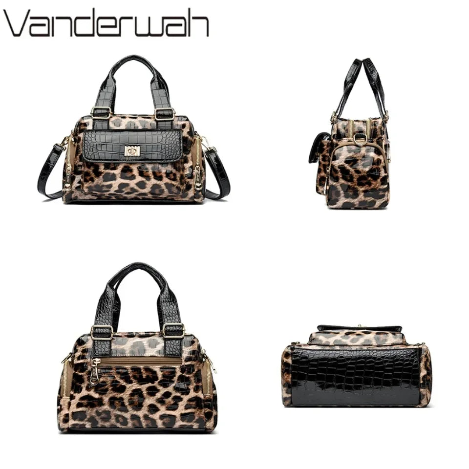 VANDERWAH Fashion Leopard Print Women's Boston Bag Luxury Designer Handbag High Quality PU Leather Lady Shoulder Crossbody Bag